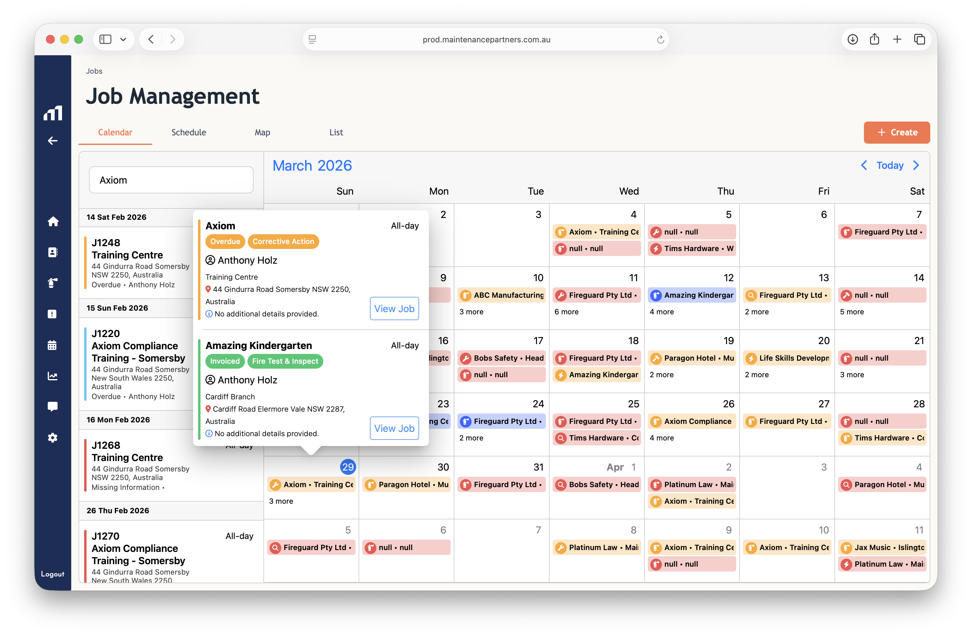 Scheduling technicians across fire inspection jobs on the Maintenance Partners desktop calendar