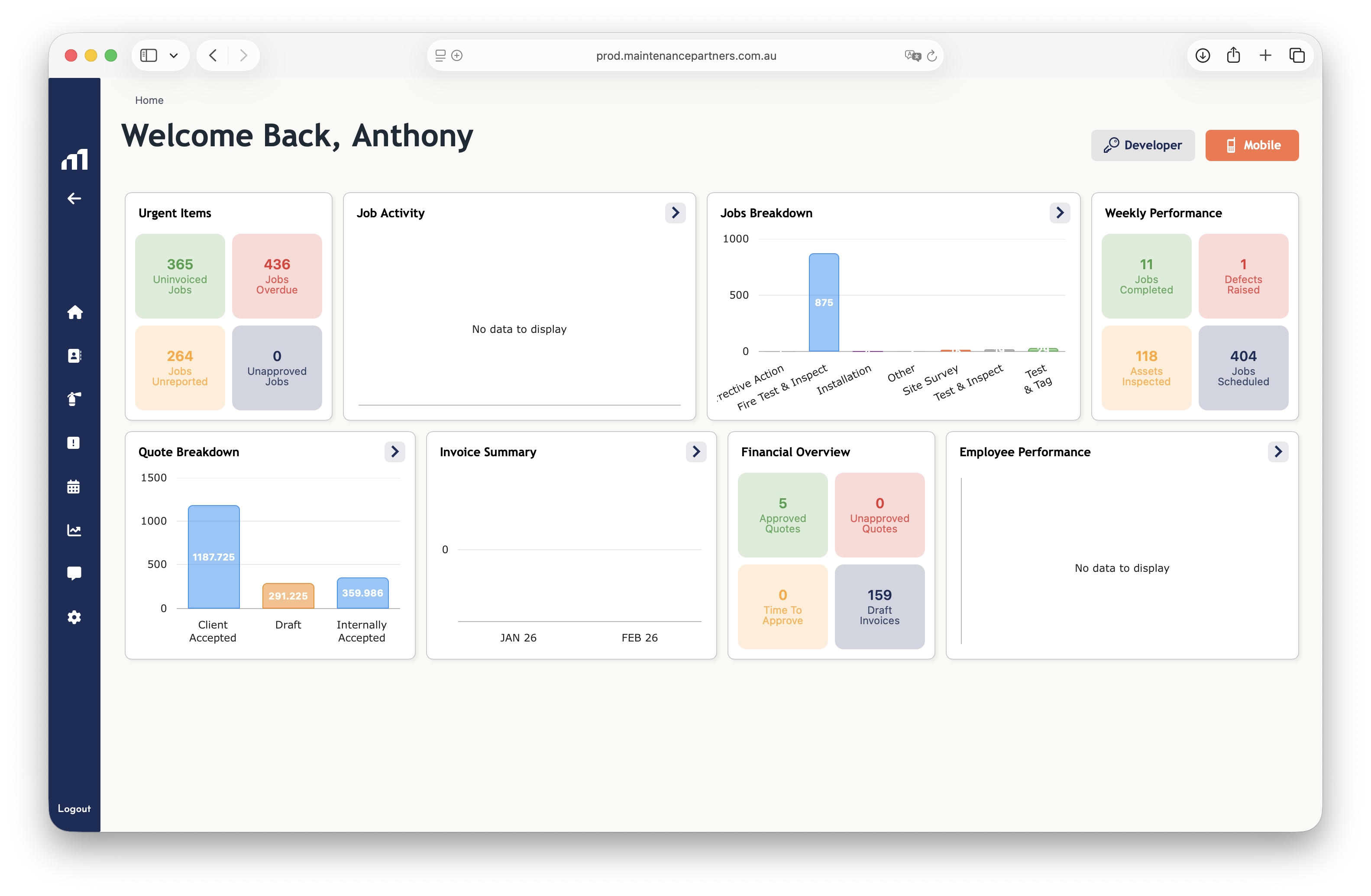 Maintenance Partners office dashboard showing compliance, defects, and service signals