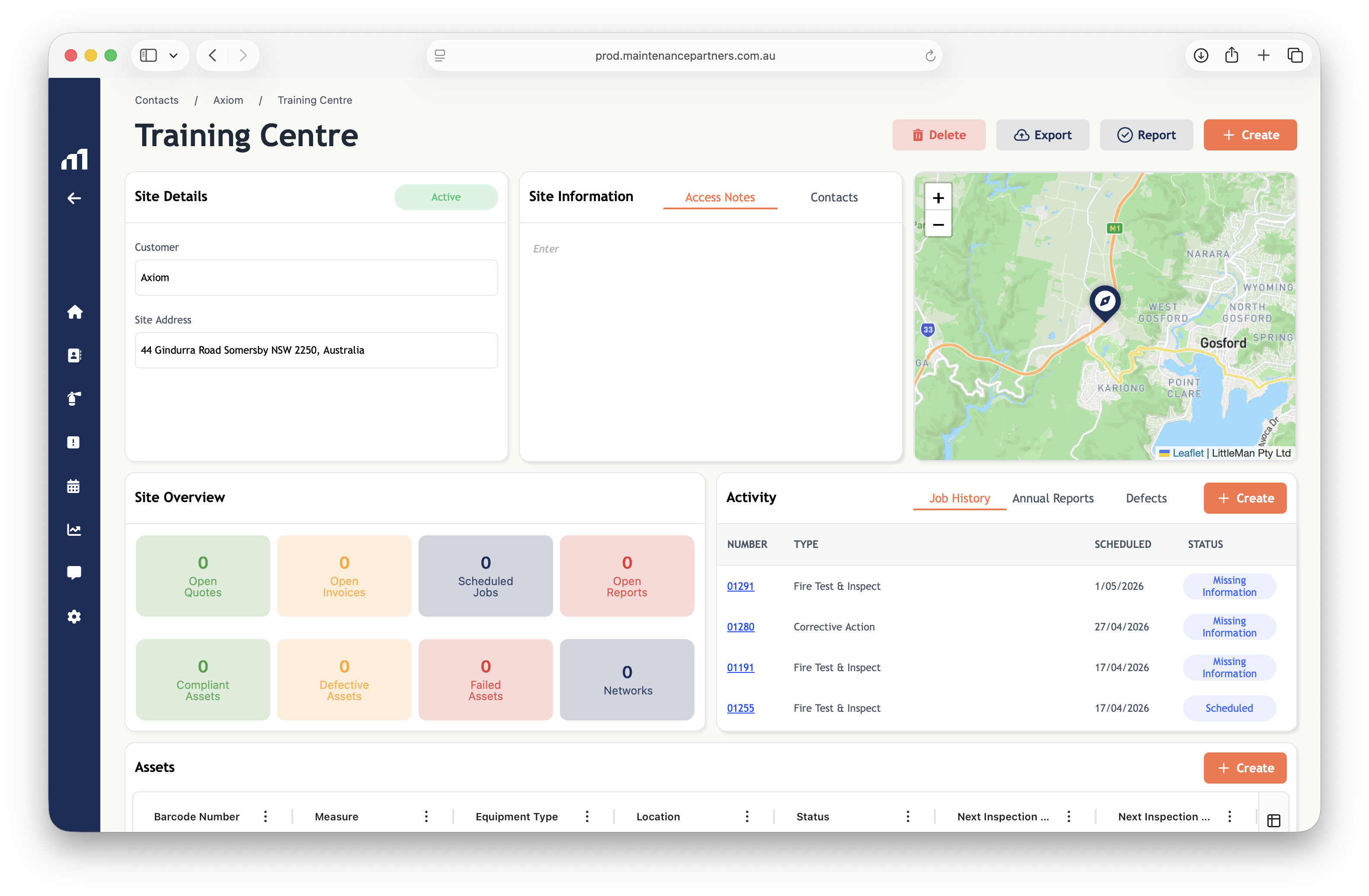 Maintenance Partners client and site record with linked assets and inspection history