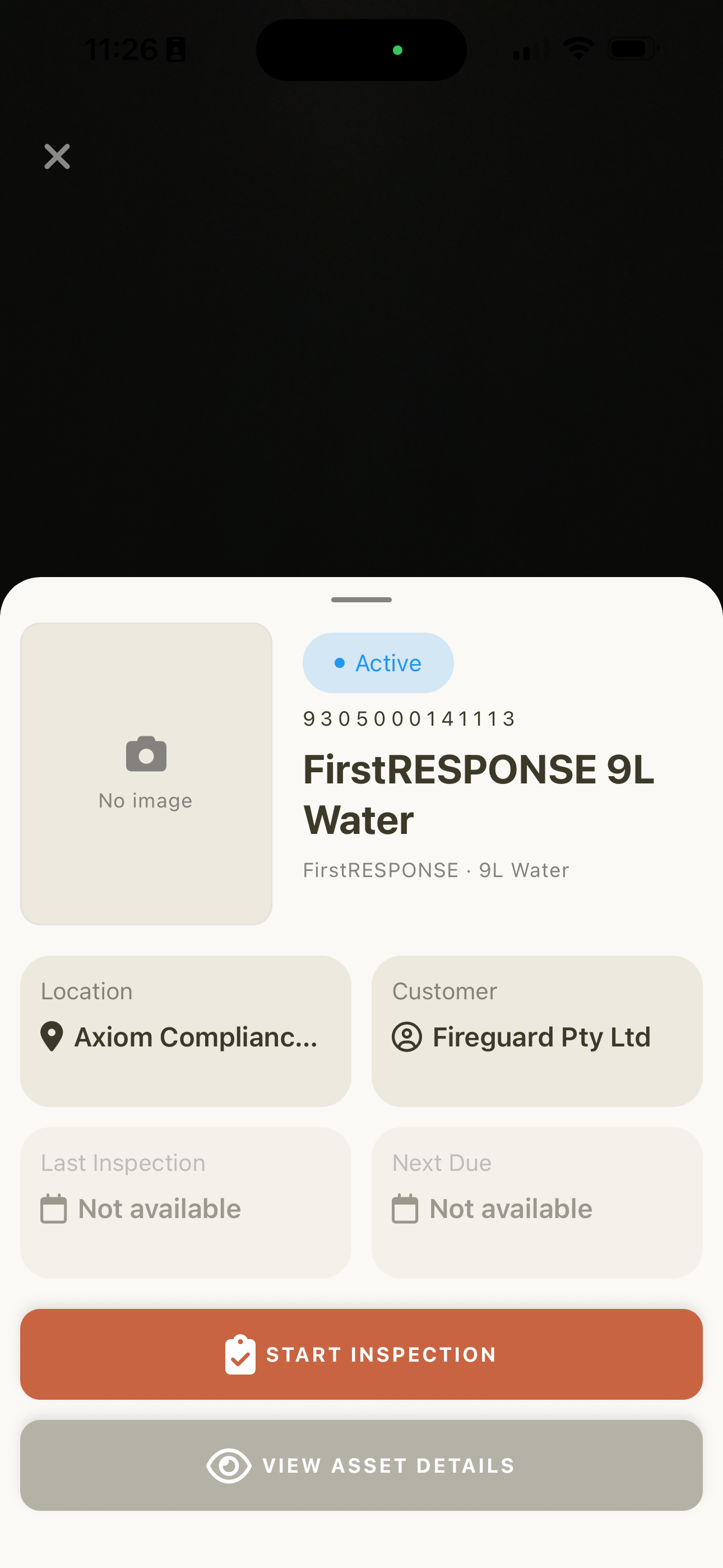 Scanning a fire asset QR code on the Maintenance Partners mobile app
